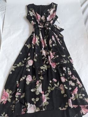 Sleeveless Black Floral V-Neck Hi-Lo Maxi Dress With Tie Waist - 10